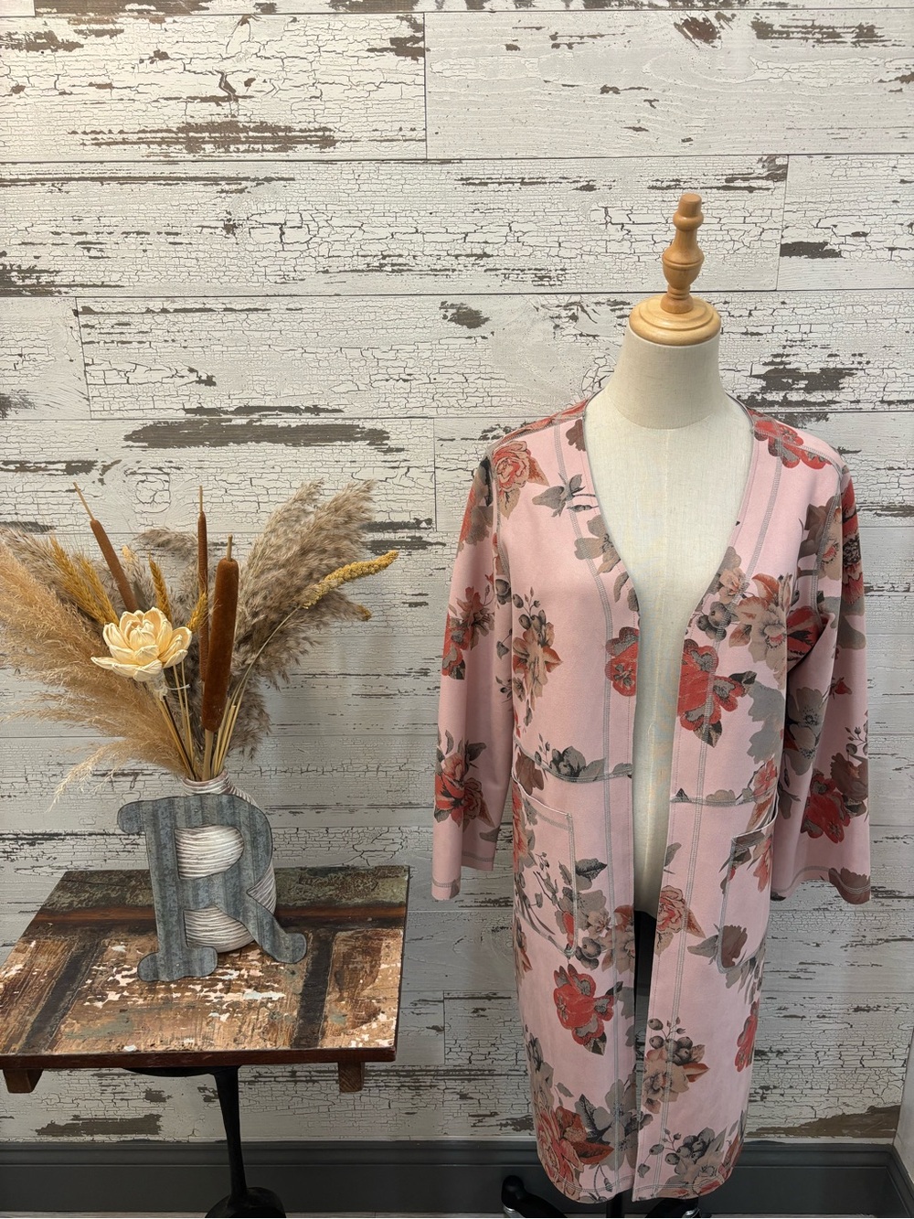 Joan Vass Pink Floral Open Front Longline Jacket